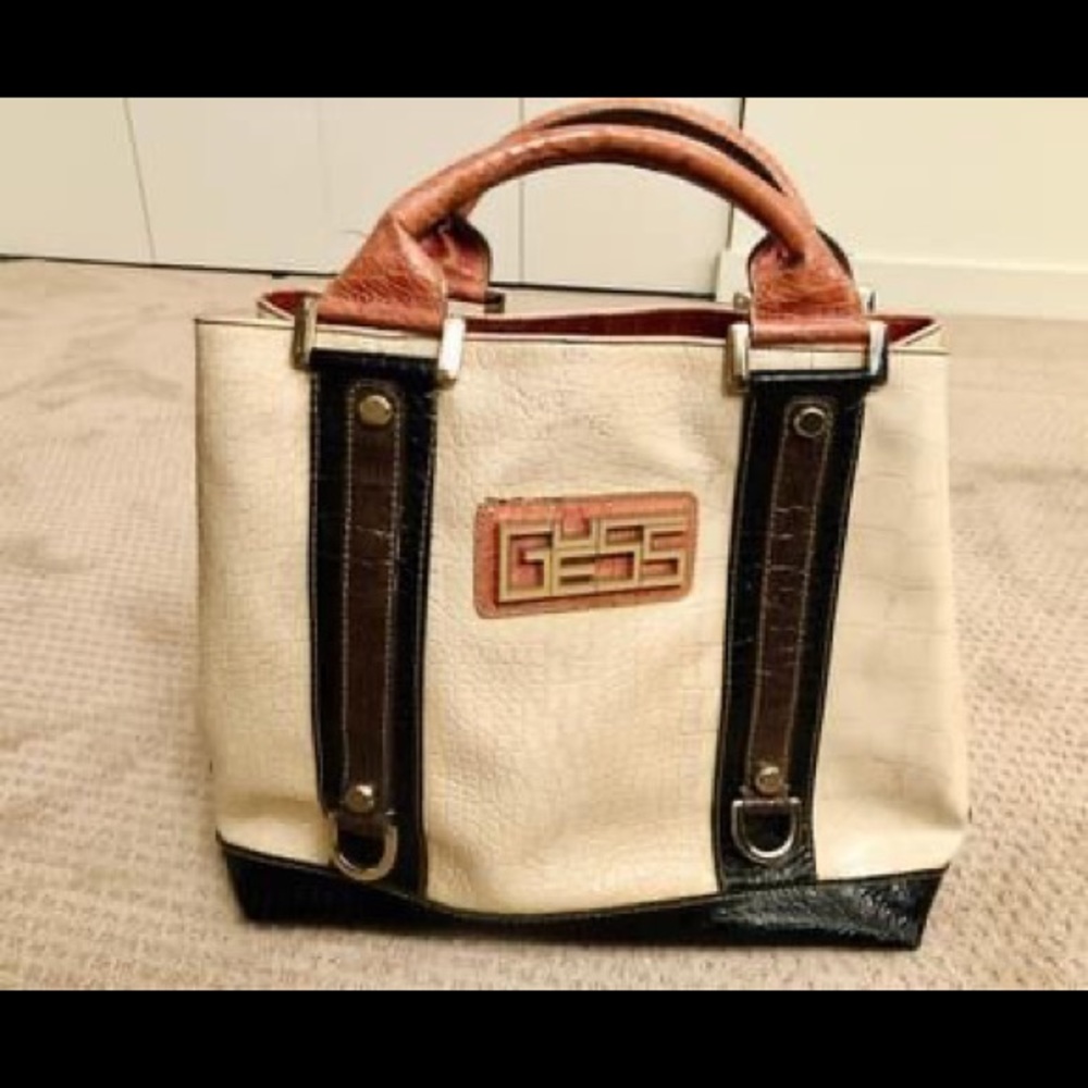 <SOLD> Unique Guess handbag purse black brown cream
